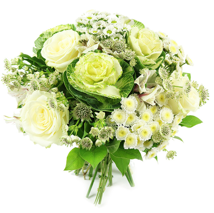 This image shows an elegant, hand-tied bouquet composed entirely in white, cream and complementary green tones, floating against a clean, white background that makes every detail visible. Dominating the centre is a decorative ornamental kale, sometimes called flowering cabbage, its leaves forming a sculpted rosette that shifts from deep green along the outer ruffles to a soft chartreuse swirl at the core. Surrounding this are several fully open creamy white roses, their petals gently curling back to reveal rich, layered centres, giving the bouquet a romantic yet polished feel. Weaving between the roses and kale are clusters of small white spray chrysanthemums or daisy-like blooms with yellow-green eyes, adding cheerfulness and fine texture. Scattered throughout, slender stems of white alstroemeria show their narrow petals and faint, characteristic striping, while delicate, star-shaped astrantia in pale greenish white introduce a feathery, almost woodland nuance. The foliage is abundant and varied, with deeper emerald leaves providing structure and lighter, softer greens offering contrast, echoing the fresh, leafy character of gardens tucked behind homes in Queensbury. The stems are clearly visible, cut to an even length and firmly bound, underlining that this is a hand-crafted bouquet designed to stand proudly in a simple glass vase. The overall impression is one of cool refinement and natural beauty, suitable for a wedding table in a local Queensbury venue, an anniversary gift, or a heartfelt condolence gesture, all while reflecting the calm, understated style often chosen by customers in the HA8 community for same-day flower delivery.