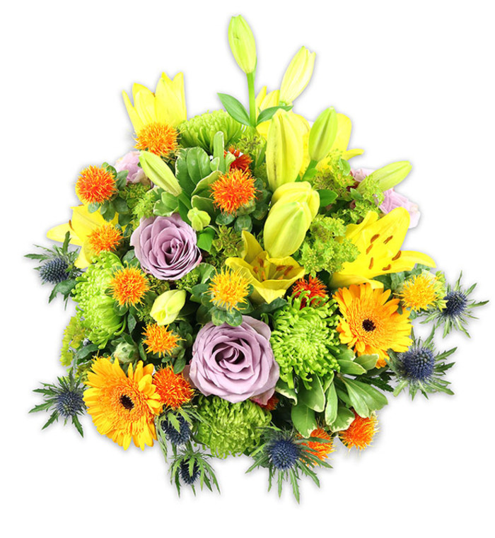 A richly textured, vibrant bouquet rests on a pure white field, each bloom deliberately placed to create a harmonious, joyful statement typical of a Queensbury floral studio. The composition is anchored by several golden-yellow Asiatic lilies, some opening fully to display freckled throats and delicate stamens, others held as elegant pointed buds that rise like hopeful sentinels. Two or more soft lavender-purple roses sit near the centre, their tender spirals offering a cool, romantic focus amid the warmer hues. Large orange Gerbera daisies punctuate the piece with their radiant, flat petals fanning from darker centres, evoking late-summer sunshine. Lime-green cushion chrysanthemums provide dense, ruffled texture that reads almost like verdant moss, filling and balancing the bouquet with a plush, tactile quality. Interspersed are small, globe-shaped orange and golden-yellow accent flowers reminiscent of Billy Buttons or Craspedia, which bring playful rhythm and bright, compact spots of colour. Distinctive blue-grey sea thistles - likely Eryngium - jut out along the sides and lower edges, their spiky, architectural forms creating a cool foil to the rounded softness of the roses and pom-poms. A selection of glossy and matte greens, from broad lily leaves to finer filler foliage, completes the palette and gives depth under gentle studio lighting that tosses soft shadows and highlights the varied petal textures. This bouquet reads as celebratory yet composed, suitable for anniversary tables, housewarming gifts, or to lift a bedside at a local Queensbury nursing home. It feels handcrafted with neighbourhood care, ready to travel across local streets toward Wembley, Kingsbury or Harrow as a thoughtful, handcrafted floral gesture.