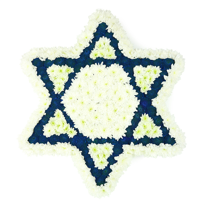 Set against a perfectly plain white backdrop, this Star of David funeral arrangement appears almost like a floral sculpture, its form crisp and unmistakable. The Magen David is built from thousands of compact, small-headed flowers, predominantly white and a deep, saturated navy blue. Along the outer edge, a thick border of fluffy white chrysanthemums follows each line and angle of the star, softening the sharp geometry into something tender and approachable, like a comforting presence during shiva in a home off Honeypot Lane or near Queensbury Park. Inside that border, the florist has shaped a central hexagon filled completely with white blooms, a calm, luminous heart at the centre of the star. From this middle section, the design opens outward: each of the six triangular points is packed with dark blue blossoms that sit slightly raised, giving the arrangement discreet depth and shadow. Within those blue triangles, placed at the inner base of each point, a smaller triangle of white flowers repeats the central tone, creating a subtle, interlocking pattern of white and blue that mirrors Jewish ceremonial colours. The flowers have a velvety, cushion-like texture; you can almost imagine the cool petals under your fingertips and the faint, clean scent of fresh chrysanthemums. The image captures the tribute in bright, even light, with no other objects in view, so the focus remains entirely on the symbolism and craftsmanship. This arrangement would be suitable for a Jewish funeral or memorial service in Queensbury or neighbouring Kingsbury, expressing faith, remembrance, and a gentle, enduring respect for the person being honoured.
