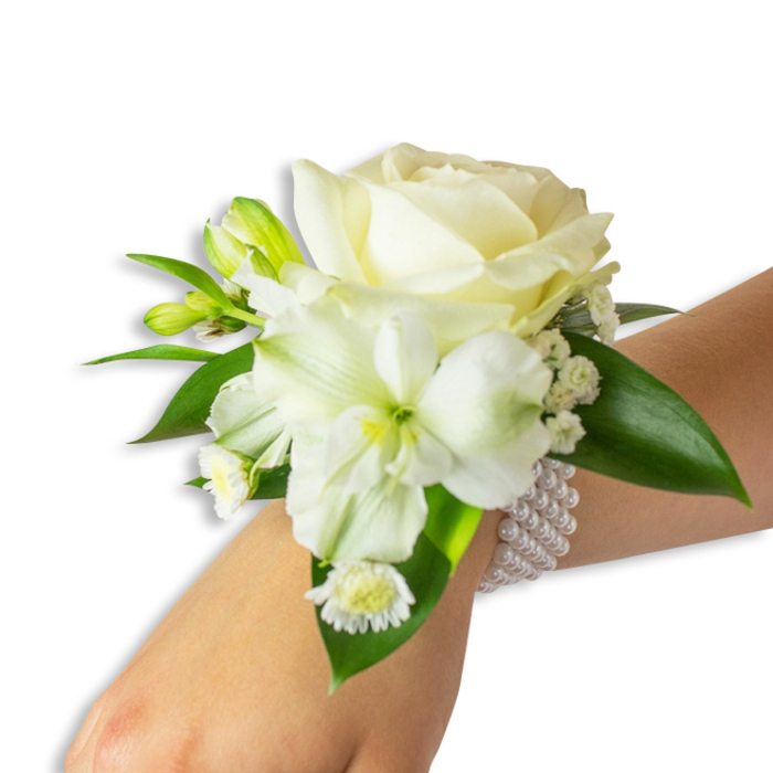 In this studio view, an elegant white wrist corsage sits slightly angled on a fair-skinned wrist, the composition lit to reveal texture and form. The focal element is a creamy ivory rose, petals layered in a soft spiral that suggests a handcrafted, slow-bloomed quality. Complementing it, a trumpet-shaped white bloom-likely an alstroemeria-opens below and to the left, its petals faintly ribbed and a delicate green-yellow throat providing subtle contrast and sculptural interest. Interspersed among the primary flowers are compact green buds and tiny clusters of Gypsophila, whose minute white florets create a gauzy filler that softens transitions and enhances volume. A small spray of daisy-like white blooms with golden centres sits lower, adding a bright, cheerful accent against the otherwise serene palette. The greenery is composed of broad, glossy deep green leaves with a waxy surface that reflects light and grounds the arrangement in natural vitality. The corsage is fastened by a polished multi-strand pearl bracelet-elastic in construction-whose smooth, satiny beads wrap the wrist and echo the floral whites. The overall feel is formal yet tender, a wearable statement of classic taste suited for weddings, proms, or gala evenings. As a local Queensbury arrangement, it has the kind of restrained beauty familiar to customers who stroll along the Broadway or meet near Fryent Country Park: understated, meticulously finished, and quietly celebratory, with attention to scent, balance and lasting presentation.
