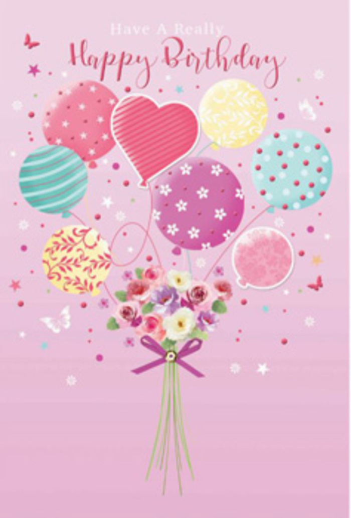 This birthday card illustration captures a sense of gentle jubilation, as though a tiny celebration were taking place in the sky above Queensbury. A cluster of pastel balloons rises from the centre, their rounded shapes overlapping and creating a soft halo of colour against a pale pink backdrop. Hues of blush, fuchsia, lemon yellow, seafoam green, and lilac blend together, each balloon detailed with its own decorative pattern: swirling ribbons, scattered polka dots, dainty flowers, and a standout heart-shaped balloon that conveys affection without a single written word. The light falling across them suggests a bright, cheerful afternoon, like sunshine spilling over gardens near Queensbury Park. At the base of this floating display, a hand-tied bouquet of fresh blooms gathers tightly, almost as if the flowers themselves are being buoyed upward by the balloons. Petite roses and anemone-like blossoms nestle together in shades of cream, rose pink and dusty mauve, their petals velvety and softly layered, creating a plush, cushion-like effect. The stems are drawn together with a vivid purple bow that sparkles subtly, reminiscent of gift wrap ribbons in a local Queensbury flower shop. Around the bouquet, tiny stars and butterflies drift, adding a whimsical, fairy-tale touch that suggests movement and quiet joy. You can imagine the delicate floral fragrance and the whisper of balloons brushing together in the air. The overall mood is warm, playful, and heartfelt, perfectly echoing the feeling of sending a birthday card from someone nearby who truly cares.