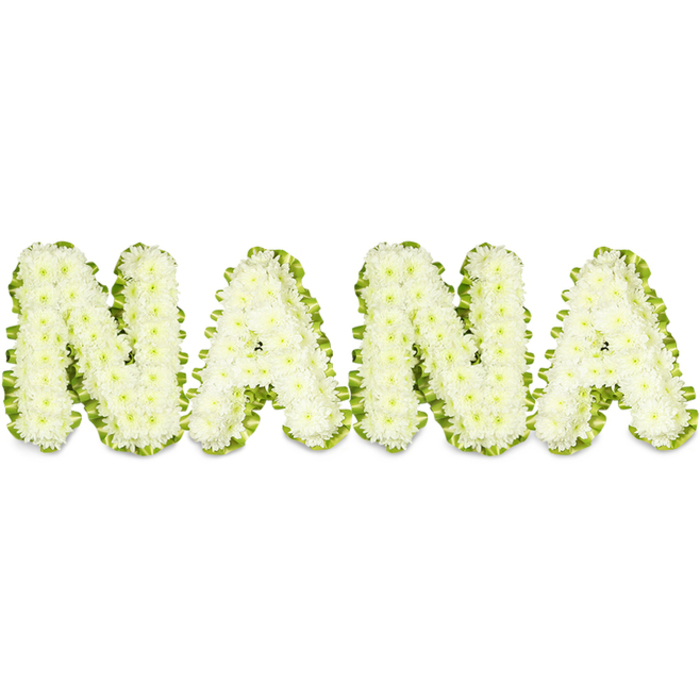 A carefully composed memorial piece spells the name NANA in large, three-dimensional letters made from tightly packed, pristine white chrysanthemums, each bloom arranged with the precision of a seasoned florist. The small, rounded petals create a soft, cloudlike surface for every character, while a fresh, vibrant green border - appearing as lush foliage or neatly folded satin ribbon - traces the outline of each letter to give crisp definition against the stark white backdrop. The arrangement sits under bright, even lighting that reveals subtle shadowing between clusters of florets and highlights the arrangement's depth and craftsmanship. There is a quiet tactile quality to the design: the chrysanthemums look cool and delicate to the touch; the green edging offers a reassuring contrast like a protective frame. Emotionally, the piece reads as an intimate public statement of love and loss, the purity of white suggesting peace and the lively green hinting at memory and continuation. As a local florist familiar with Queensbury's community, I picture this tribute arriving at funerals and memorials from neighborhood homes to small chapels near Queensbury station and the parade on Queensbury High Street, a simple yet eloquent message from family and friends. Flower Delivery Queensbury prepares these with care, mindful of the sentiment families entrust to us - a visible token of farewell that honours a grandmother's life with grace and dignity, offering solace through beauty at a time of quiet reflection.