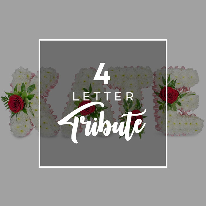 A polished graphic for personalised funeral letter tributes shows four floral characters stretching behind a central panel, evoking the kind of bespoke memorial arrangements often ordered in Queensbury to reflect a loved one's name or nickname. Each letter is built on a sturdy frame, completely covered in neat, cushiony white chrysanthemums that create a soft, seamless surface, almost like freshly fallen snow. The side edges of the letters are finished with a delicate pale pink ribbon, its gentle colour barely visible but adding a subtle, comforting warmth, as if to soften the edges of grief. Set into the white flowers are clusters of velvety red roses, their rich hue intensified by surrounding glossy green foliage such as fern or ruscus, introducing movement and contrast within the tidy shapes. Across the centre of the composition is a dark grey translucent square, framed by a bright white border that draws the eye to the message printed on it. In clean white lettering, the phrase 4 LETTER appears above Tribute, the latter written in an elegant script that suggests something handcrafted and personal. Through this misty overlay, you can still make out the contours of the floral letters, the flashes of red roses, and the green leaves pressing lightly against the panel, creating a layered, almost three-dimensional effect. The entire arrangement rests against a plain, soft grey background, reminiscent of a calm sky on a quiet Queensbury afternoon, keeping all attention on the flowers and their intention. The visual speaks clearly of custom sympathy tributes-names, short words, or initials-designed with care and delivered locally to accompany families as they say goodbye.