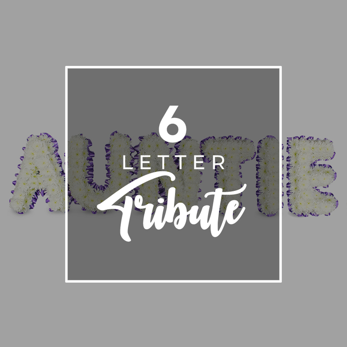 Poignant and understated, this six-letter tribute balances loss with gratitude. The letters AUNTIE are formed from generous clusters of white chrysanthemums, their petals soft and luminous against a cool gray backdrop. A narrow purple border traces each silhouette, lending color and definition to the cloudlike mass. The composition feels timeless, a testament to memory kept close and the quiet power of remembrance in a quiet room.

The center holds a square white frame, inside which 6 LETTER is presented in white text with a modern sans-serif for LETTER and a sweeping script for Tribute. The contrast between the bold geometry and the fluid script mirrors the range of emotions-respect, love, and farewell-that such tributes express. It is a design that reads as both artful and intimate, crafted to honor a beloved Auntie with dignity.

In Queensbury, this bespoke arrangement is a familiar sight at ceremonies, displayed to bring warmth to grief and a sense of connection. It is available for local delivery across Queensbury and nearby communities, ensuring families can arrange a thoughtful memorial even on tight timelines. The white blooms carry a clean, healing scent, while the purple edging provides a personal touch that marks the piece as a unique, heartfelt tribute.