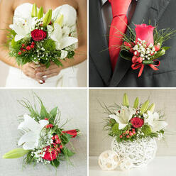 An intimate wedding table scene unfolds around a compact yet expressive centrepiece: a woven white vase brimming with snowy white lilies and anchored by a single, perfectly formed red rose. The lilies stretch their satin-smooth petals outward, each bloom pristine and luminous, while the rose nestles slightly lower, its velvety, wine-red heart symbolising love and devotion. Fine curls of greenery arc and twist above and between the flowers, adding a sense of playful movement that feels like gentle laughter echoing around a Queensbury reception near the station. Tucked in among the foliage are glossy red berries, their rounded forms and subtle shine providing a festive touch, complemented by the delicate, cloud-like sprays of baby's breath that soften every edge. The handwoven texture of the white vase contrasts with the silky petals and smooth, polished table surface, giving the arrangement a handcrafted, artisan feel that suits both modern apartments and traditional homes around Kingsbury Circle and Queensbury Park. Soft, diffused light falls across the arrangement, catching the white blooms and bringing out quiet shadows in the greenery, so the design appears crisp yet warm, like a welcoming smile. The palette of white, green, and red feels deliberately restrained, allowing each element to be appreciated: the clean structure, the varied textures, the subtle layering of heights and shapes. You can imagine this floral piece as the calm centre of a busy celebration, a living reminder of care and thoughtfulness in the middle of clinking glasses, shared stories, and wedding speeches. Perfect for a wedding breakfast, anniversary dinner, or intimate evening gathering, it radiates the timeless charm of fresh flowers arranged with genuine expertise.