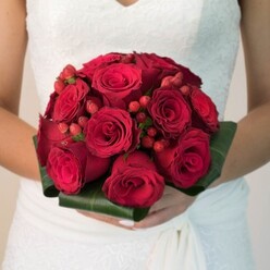 In a softly lit Queensbury bridal morning, the photograph captures the tactile luxury of a hand-tied bouquet held close by an elegant bride, her dress whispering tradition with embroidered lace and gentle folds. Dominating the arrangement are clusters of deep, velvety red roses, their blooms at varying stages-some unfurling in hopeful spirals, others tightly budded-each petal rich with romantic promise. Ruby hypericum berries peek playfully among the roses, their bright surfaces glistening like dew in the sunlight streaming from Broadview Park. The base of the bouquet is enveloped in lush, polished green leaves, their wide arcs lending structure and botanical grace, reminiscent of the greenery along Honeypot Lane. The bride's gently clasped hands, nails perfectly manicured, underscore the significance of the moment as she prepares to walk down the aisle. Against the soft white of her gown, the bouquet's robust reds and verdant greens pop vividly, amplifying a sense of unity, abundance, and celebratory tradition. Every element is meticulously crafted, from the textural contrasts to the proportions, evoking both boldness and refined elegance. The image's gentle background blur sets the scene firmly within a moment of local joy and shared dreams. Bouquets like this, available for delivery throughout Queensbury, weave the neighbourhood's sense of belonging and history into the tapestry of a couple's most special day.