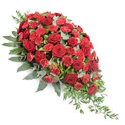 A dignified red funeral spray is presented on a clean white background, its teardrop shape gently flowing from a generous, full top left to a slender, trailing point at the lower right. The overall impression is of a cascade of crimson blooms, carefully composed by a skilled Queensbury florist for a final farewell. Deep red roses, fully unfurled, form the focal points, their velvety petals curling outward in rich layers that seem to hold years of love and unspoken memories. Nestled between the roses are numerous red carnations and smaller spray carnations, their ruffled, fringed petals creating a tapestry of textures that softens the form and adds quiet movement to the design.   

Surrounding and supporting the flowers is a bed of abundant greenery. Dark, glossy leaves provide structure and depth, wrapping around the blooms like a protective embrace. Interspersed are stems of soft, silvery-green eucalyptus, whose rounded leaves catch the light with a muted, gentle sheen and bring a soothing, cool note to the warm reds. Fine, lighter green foliage trails from the lower edge, gently extending the spray and enhancing the sense of graceful flow, as the eye is led from the fullness at the top down to the delicate tip. The arrangement feels calm and contemplative, suited to rest on a casket or be placed near the front of a service in Queensbury, perhaps in a small chapel off Kenton Road. Every element-colour, texture, and line-works together to convey sympathy, respect, and a deeply personal goodbye.