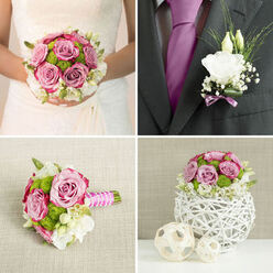 A carefully composed wedding set-bridal bouquet and boutonnière-lies poised as if captured between final preparations and the moment vows are spoken in Queensbury. The bouquet is rounded and abundant, built around mauve-pink roses whose petals resemble soft watercolor washes, each bloom layered like silk. Tucked between them, bright green button chrysanthemums bring a lively, almost playful rhythm, their domed shapes giving a modern twist to the romantic roses. Creamy white lisianthus and other pale blossoms weave through the design, their frilled edges and satin finish lending a dreamy softness. Fresh greenery arches out in gentle lines, adding depth and framing the flowers so the whole piece feels balanced and calm. The stems are gathered neatly and wrapped in a two-tone ribbon of blush and white satin, tied with precision, ready to be carried down an aisle in a Queensbury church or civil venue. Soft, diffused light brushes over the arrangement, picking up subtle highlights on the petals and hinting at their delicate fragrance. Next to the bouquet, the groom's boutonnière offers a refined echo: a single white lisianthus or rosebud, accented with airy foliage and perhaps a whisper of lavender ribbon, simple yet impeccably tailored. The pairing feels cohesive and intentional, like a couple walking side by side along Honeypot Lane-distinct yet perfectly coordinated. Crafted by Flower Delivery Queensbury, this floral ensemble captures the gentle excitement, intimacy, and elegance of a local wedding day.