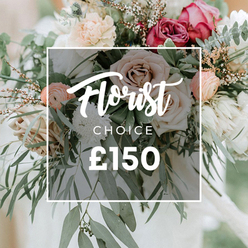 This exquisite hand-tied bouquet reads like a quiet poem of color and texture. Creamy roses mingle with soft coral and blush ranunculus, while larger pinks and ivory blooms sit in elegant, rounded form. The arrangement is punctuated by ruffled ranunculus and airy white chrysanthemums, with delicate white filler flowers weaving through the stems. Fresh greenery-dusty-green eucalyptus and accompanying foliage-spreads outward, giving the bouquet a relaxed, garden-fresh feel. The palette remains refined and romantic, suggesting a modern wedding or a luxurious gift delivered with care. The flowers are set against a softly blurred backdrop that highlights their shapes and petals, and the overall stance is loose, natural, and irresistibly graceful, as if just gathered from a sunlit border. A centered white square overlay bears the title, with "Florist" in an elegant script and "CHOICE" in a clean sans-serif below it, followed by a bold "£150" that signals a thoughtfully curated design.