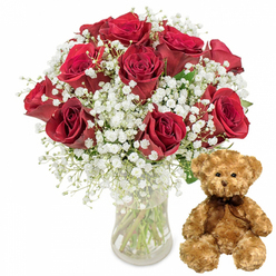 Set against a pristine white backdrop that feels like the bright interior of a modern Queensbury flower shop, this image focuses on a timeless romantic pairing: a lush vase of deep red roses and a soft teddy bear companion. The bouquet, positioned proudly on the left, features around a dozen rich crimson roses, each bloom full and velvety, with petals layered tightly at the centre and gently unfurling at the edges. Their colour leans toward a deep, almost burgundy red, the kind of shade that instantly evokes passion and sincere affection. Weaving between the roses, fine sprigs of white baby's breath form delicate constellations of tiny flowers, each floret crisp and clean, creating a dreamy, snow-like contrast against the darker petals. The stems are gathered neatly in a clear glass vase, where you can see the fresh green stalks and the clarity of the water, suggesting a bouquet prepared moments ago for delivery to a doorstep off Honeypot Lane or near Queensbury Park. To the right, a medium-sized teddy bear sits upright, its light brown plush fur appearing fluffy and inviting to the touch. The bear's dark button eyes meet the viewer with a gentle, reassuring expression, while its petite black nose and soft stitched smile add to its charm. A dark brown ribbon is tied carefully around its neck, a small finishing detail that mirrors the care a local florist brings to every order. Together, the roses and teddy bear create a warm, celebratory scene, ideal for special occasions like anniversaries, Valentine's Day, or a heartfelt surprise for someone in Queensbury.