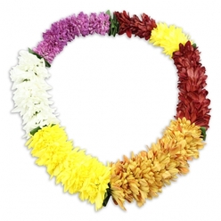 A richly coloured floral lei lies in a neat oval on a bright white surface, its shape perfectly continuous, like an unbroken promise. Crafted from densely layered chrysanthemum-style blossoms, each petal looks soft and feathery, giving the garland a plush, almost cloud-like feel. The colours move in deliberate stages, creating a gentle rhythm for the eye to follow: it begins with a sweep of velvety purple blooms, then softens into a band of immaculate white, as serene as a quiet morning walk through Queensbury's residential streets. From there, the lei warms into cheerful lemon yellow, which gradually deepens into a honeyed gold and rich amber, reminiscent of late-afternoon light over nearby open spaces. This then transitions into a section of deep maroon and reddish-brown, tones often chosen for respectful funeral tributes and remembrance flowers. A final burst of sunny yellow brings the circle back around, symbolising continuity and the ongoing cycle of life and memory. Subtle dark green separators, likely fabric leaves, peek out between some of the colour segments, adding structure and a hint of natural greenery without breaking the flow. The flowers appear artificial yet luxurious, designed to stay pristine throughout a service or memorial, whether placed on a coffin, displayed at a chapel in Queensbury, or laid at a graveside. A soft halo of shadow beneath the lei gives it dimension and presence against the plain background. Overall, the image feels both festive and reverent, like a quiet Hawaiian-inspired wreath created by a careful, experienced florist for families seeking a heartfelt, circular tribute.
