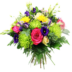 Presented against a clean white backdrop, this exuberant hand-tied bouquet looks like a captured moment of early summer in Queensbury. At first glance, your eye is drawn to the bold hot pink roses, their full, layered petals opening generously and giving the arrangement a romantic heart. Surrounding them, lime green spider chrysanthemums burst outward in intricate, needle-fine petals, adding lively energy and a contemporary twist. Deep, velvety purple lisianthus blossoms coil around the brighter blooms, some opening into soft ruffles, others remaining as elegant buds, much like flowers just beginning to open along Church Lane gardens after rain. Cheerful yellow gerbera daisies are scattered throughout, their flat, daisy-like faces glowing like pockets of sunlight, creating a vivid contrast with the greens and purples. Tucked between these main flowers is a single creamy yellow rosebud, still closed, hinting at new beginnings and quieter emotions. A scattering of delicate pastel filler flowers in soft lavender and blush pink adds gentle intricacy, while slender green buds and stems shoot upwards, giving height and a slightly wild, freshly-gathered feel. The bouquet is underpinned by generous foliage: feathery ferns, rounded eucalyptus-style leaves, and broad, lustrous greens that build a rich, verdant base. Tied by hand, the stems are neatly bundled, ready to drop into a vase on a dining table in a flat near Queensbury Station or a cosy home off Beverley Drive. This vibrant mix of pink, yellow, purple, and lime captures the joy of celebration and makes a perfect choice for same-day flower delivery when you want to send colour and happiness across Queensbury.