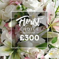 With a generous, dense hand-tied presence, this Florist Choice Bouquet speaks of refined craftsmanship and quiet celebration. The white roses unfurl with classic elegance, their petals catching the light, while the white lilies spread their pristine, luminous open blooms. Hidden within are soft pink accents-tiny blossoms that glow against the sea of white-completed by fresh eucalyptus and other green foliage that add texture and a woodland freshness. The bouquet dominates the frame, its arrangement appearing full to the edges, as if designed to be a statement gift. A central white overlay frames the product label: the script word \"Florist\" above \"CHOICE BOUQUET\" in uppercase sans, with the price displayed as \"?300.\" In Queensbury, this piece would be a perfect gesture for anniversaries, birthdays, or sympathy, reflecting the care of a local florist who understands timing and sentiment. Delivered across Queensbury and nearby streets, the bouquet is described on this image as a premium offering from a trusted local shop, ready to brighten doors with a same-day service in the area. The soft, almost candlelit atmosphere highlights the petals' velvet texture and the bouquet's lush depth, inviting a sensory memory of fresh florals and a gentle, lasting fragrance that lingers in the room.
