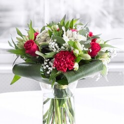 A lush, romantic bouquet in a clear cylindrical glass vase dominates the image, its clean lines contrasting beautifully with the generous tumble of flowers above. Inside the vase, fresh water reveals a spiral of neatly cut green stems, evidence of a skilled florist's hand and the promise of long-lasting freshness for delivery across Queensbury. At the centre, velvety red roses open slowly, each layered petal catching the light and suggesting deep affection and timeless love. Just in front, a large, deeply frilled red carnation curls and folds upon itself, creating a rich, tactile focal point that you can almost feel beneath your fingers. These bold reds are softened by a halo of white and cream-toned blooms: white alstroemeria with its slender petals and fine freckles, soft daisy-like flowers, and several tight white lily buds that introduce a quiet sense of anticipation, as if the bouquet will continue to unfold over the coming days. Fine clusters of baby's breath are scattered throughout, their tiny white blossoms resembling light snowfall, softening the transitions between colours and adding a dreamy, romantic haze. Surrounding all this, lush greenery in varying shades of green provides structure and depth. Glossy, dark tropical leaves are artfully wrapped around the base, hugging the flowers and grounding the arrangement, while more delicate, eucalyptus-style foliage reaches upward, lending a modern, airy feel. The bouquet rests on a white surface against a pale, gently blurred background, bathed in clear, natural light-reminiscent of a bright morning near Queensbury's local parks. The overall mood is polished yet heartfelt, ideal for marking milestones, expressing gratitude, or sending a thoughtful gesture that feels both elegant and personal.