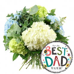 This image shows a thoughtful Father's Day gift pairing, the sort of design a local Queensbury florist might set up for a proud dad's celebration. Center stage is a rounded bouquet of hydrangeas, arranged in a loose yet deliberate dome so that every blossom can breathe. The largest heads are a soft, creamy white, their closely packed petals creating a gentle, cushioned effect that invites the imagination to trace each floret. Peeking from behind and around them are light blue hydrangeas, their cool tones adding a restful, peaceful quality, like the soft evening sky over the streets near Queensbury tube station. Pockets of lively lime green hydrangeas sit at the lower edges and toward the upper right, injecting brightness and youthful energy, as if the bouquet itself is smiling. Between the blooms, stems of silvery eucalyptus with their rounded leaves arc gracefully, alongside deeper green foliage that grounds the design and hints at a fresh, leafy fragrance. The stems are bundled neatly at the base, visible against the white background, emphasizing that this is a hand-tied piece ready to be gifted or delivered. To the lower right of the flowers, a round foil balloon shines, trimmed with bold black-and-white stripes along its top and bottom borders. The central message, "For the BEST DAD EVER!", is written in a mix of fonts and colours: "BEST" and "DAD" stand out in patterned reds, teals, and blacks, with a small "No. 1" rosette tucked near the word "BEST." Tiny stars and dots in yellow, teal, red, and black scatter across the balloon's white surface, evoking confetti. Together, the hydrangea bouquet and balloon create a joyful tribute to fatherhood, perfect for a Queensbury delivery to mark Father's Day or a dad's special milestone.