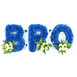 In a calm, studio setting with a stark white background, a three-part floral memorial spells out BRO in large, upright letters crafted entirely from saturated royal blue chrysanthemums. The flowers are assembled so closely together that the letters appear almost sculpted - soft, textured cushions of deep blue that hold their shape with precise, defined rims. Each character is punctuated near its base by a gentle cluster of pale cream or buttery yellow spray roses, some closed as tight buds and others opening to reveal layered petals. Interspersed among those are tiny white filler blooms, probably mini chrysanthemums or baby's breath, and delicate green fronds that catch the light. Broader glossy leaves provide a darker green anchor behind the softer fern-like foliage, creating a layered, tactile composition. A slim white foam or frame peeks around the edges and in the letter apertures, signaling the secure construction needed for display at a memorial service. The soft scent of roses and the cool, green perfume of foliage can almost be imagined; the royal blue hue conveys peace and steadfastness while the pale accents suggest solace. This arrangement feels both personal and formal - a respectful tribute appropriate for wakes or funeral services in Queensbury, near Northwick Park or local community chapels - crafted with the meticulous hand of a florist mindful of local needs and quiet remembrance.