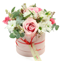 An elegant, pastel pink hatbox filled with flowers sits alone against a pure white backdrop, its simplicity highlighting the detail of the design. The cylindrical box has a muted, silky finish, its softness contrasted by a vivid coral-red satin ribbon that circles the base and ties into a neat, confident bow at the front. Dangling from the knot is a cream-coloured tag with gentle green lettering, suggesting a personal note or dedication. Above this structured base rises a dome of fresh blooms, arranged with the care of a local floristry studio just off Queensbury Station. A large, fully opened rose in pale blush pink, edged with deeper rose tones spiralling toward the centre, anchors the composition. Clustered around it are silky white chrysanthemums, their tidy petals radiating around bright green centres that catch the light. Threaded through these are white alstroemeria, their elongated petals marked with fine speckles, giving the arrangement a delicate, painterly texture. Between the softer shades, smaller, deeper pink flowers-perhaps spray roses or lisianthus-peek through, adding rhythm and energy, like splashes of colour on a canvas. Eucalyptus in silvery green arcs through the bouquet, mingling with darker leafy stems and tiny green buds that create depth and a touch of wildness while still feeling polished. The flowers overflow just slightly beyond the rim of the hatbox, forming a rounded, lush silhouette that suggests abundance without excess. This refined arrangement radiates warmth and care, perfect for sending as a same-day delivery to homes near Queensbury Park, expressing affection, congratulations, or quiet gratitude when spoken words feel too small.