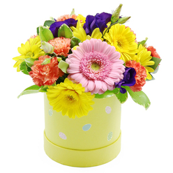 A lush, spring-inspired floral hatbox bursts with colour, captured against a clean white backdrop so every detail stands out clearly. The arrangement forms a generous dome of blooms, densely composed so the viewer's focus is drawn to flowers and foliage rather than stems. At the front and slightly off-centre, a large light pink gerbera daisy takes pride of place, its orderly ring of petals and soft green eye giving the design a friendly, open expression. Around it cluster bright yellow chrysanthemum-style daisies, their sunburst petals echoing the cheerful feel of a sunny afternoon wandering through Queensbury's residential streets and nearby green corners. Nestled among them are plush coral-orange carnations, their ruffled layers adding a tactile softness you can almost feel, and elegant lisianthus blooms in deep violet-purple, which lend a more refined note and create striking colour contrast. The greenery beneath and between the flowers is mixed and natural, with glossy mid-green leaves and a few stems showing subtle white variegation, giving the design structure while still feeling relaxed, like a well-tended local garden. All of this is arranged in a pastel lime-yellow cylindrical hatbox, decorated with small, scattered Easter egg illustrations in pastel blue, delicate pink, and white, some patterned with miniature dots and stripes that hint at family egg hunts and seasonal gatherings around Queensbury. The overall mood is bright, hopeful, and celebratory, making it an ideal Easter or spring gift for same-day delivery to a home, office, or care setting in the area, where it can act as a cheerful focal point on a table or windowsill.