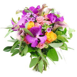 Against a clean white studio backdrop, a lavish bouquet unfolds like a burst of colour and texture, thoughtfully arranged so every flower seems to be in gentle conversation with the next. Large Vanda orchids in an intense fuchsia-purple anchor the design, their distinctive speckled petals spreading wide like butterfly wings and offering a chic, contemporary edge. Nestled closely around them, bright orange roses glow with a saturated, sunset tone, their tightly packed petals forming plush rosettes that convey warmth and heartfelt energy. Pale blush and pastel pink roses thread through the composition, some as shy buds and others half-open, creating a soft, romantic bridge between the vivid purple orchids and fiery oranges. Slim calla lilies in dusky mauve and muted plum rise elegantly through the centre, their smooth, trumpet-shaped blooms curling with a sculptural grace that adds height and quiet drama. Surrounding all of this is a generous halo of fresh greenery: silvery eucalyptus leaves stretch outward with a soft, misty green, while darker foliage adds structure and depth, mimicking the layered textures of a well-tended garden. Tiny lavender filler flowers peek through, creating delicate points of lightness that invite the eye to linger. The stems are visible at the base, expertly bound in a classic hand-tied style that speaks of careful, experienced hands at work. The bouquet feels like it has just left a workbench in a Queensbury flower shop, ready for same-day delivery to a home near Queensbury Station or along Honeypot Lane, destined to brighten celebrations, express gratitude, or bring a luxurious touch to an intimate dinner at home.