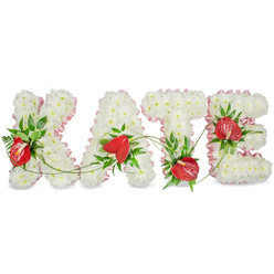 Lovingly crafted by local hands, this bespoke funeral tribute spells KATE in soft, sculpted letters built from tightly packed white chrysanthemums, each tiny bloom creating a plush, cloud-like surface that speaks of peace and purity. A frilled pale-pink ribbon hugs the outer edges of every letter, its gentle tone lifting the composition and introducing a discreet, tender note of colour. Set against the white floral canvas are vivid clusters of red anthurium; their glossy, heart-shaped spathes and prominent spadices form warm, sincere focal points, catching light with a gentle sheen and drawing the eye through the name. Rich green foliage-fern fronds and broad, glossy leaves-nestles the anthuriums and threads through the letters, while delicate trailing vines create a quiet sense of connection and flow across the composition. The clean white background and a subtle drop shadow give the letters sculptural presence, as though the tribute floats just above the surface, softening the room where it is displayed. The design suggests the faint, green-tinged scent of fresh chrysanthemums and the muted waxiness of anthuriums, a calm sensory balance fitting for memorial services in local chapels or crematoria near Queensbury tube. Prepared with the care customers expect from Flower Delivery Queensbury, this arrangement combines classic sympathy floristry with considered detail to honour a life with dignity, warmth and heartfelt remembrance.