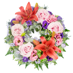 Set against a spotless white background, this circular sympathy wreath appears almost to float, its colours and shapes forming a gentle halo of remembrance. The eye is immediately drawn to two magnificent Asiatic lilies in a rich reddish-orange, one positioned at the upper curve of the wreath and the other anchoring the lower section. Their open petals and prominent stamens radiate warmth, offering a quiet sense of hope amid grief. Around them, soft blush pink roses bloom generously, each velvety flower unfolding in layered petals that feel both comforting and refined. Threaded throughout are lisianthus blossoms in pale pink and saturated purple tones, their softly ruffled edges lending texture and a slightly romantic air. Fine sprays of lavender-blue filler flowers, likely statice or limonium, drift through the design like a light mist, while sculptural blue-grey eryngium thistles add a touch of contemporary interest with their spiky, star-like forms. The greenery beneath is abundant and carefully chosen: rounded eucalyptus leaves in silvery green, feathery fern fronds, and deeper green foliage combine to create a full, verdant circle that frames every bloom. Tucked among the leaves are smooth, unopened lily buds, suggesting that even in a time of farewell, there are moments of quiet continuation. Bright green, striped leaves, possibly Ti or aspidistra, are artfully folded around the base of the lilies, showcasing a professional florist's hand. This wreath, reminiscent of tributes often delivered around Queensbury's local churches and crematoriums, carries a message of dignity, peace, and unwavering love for the one being remembered.