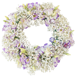 Set against a clean, bright white background, this circular funeral wreath appears serene and weightless, as though it has just been set down by a careful florist from Queensbury. The frame is fully covered with countless stems of Baby's Breath, each branching into a constellation of tiny, pure white flowers that create a soft, cloud-like halo around the entire ring. Among this misty texture, clusters of Lisianthus emerge as the focal flowers, their ruffled petals opening in layered spirals of white delicately edged with violet and lavender. Some blooms are wide open, showing deeper tones at their centers, while others are still in bud, tipped with pale green and cream, adding a quiet sense of new beginnings within the tribute. The balanced blend of crisp white and cool purple tones evokes calm, making the wreath especially fitting for a remembrance service at a small chapel off Kingsbury Road or a thoughtful condolence delivered to a Queensbury address. The open middle of the wreath creates a clear, unbroken circle, a visual symbol of everlasting love and connection. Soft, even lighting reveals every petal, but the absence of harsh shadows keeps the overall mood gentle and contemplative. You can almost sense the cool touch of the Lisianthus and the airy lightness of the Baby's Breath, arranged with patience and care. This design feels like a quiet promise of peace, suitable for funerals, memorial gatherings, or moments of private reflection at home.