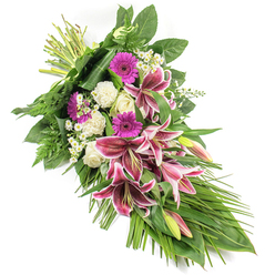 Set against a simple white backdrop, this elongated sympathy sheaf flows diagonally like a gentle farewell, beginning with neatly bound stems at the top left and tapering into a soft cascade of foliage at the bottom right. At the heart of the design, large Stargazer lilies command attention, their vivid fuchsia-pink petals edged in white and dusted with burgundy speckles that lend a sense of depth and quiet drama. Some lilies remain in bud, tender green and blush-pink, suggesting memories still cherished and stories still being told. Around them, clusters of creamy white roses and ruffled white carnations provide a serene counterpoint, their soft petals evoking purity, reverence, and calm. Bright magenta gerbera daisies add a modern, uplifting flash of colour, echoing the affectionate spirit of family gatherings in nearby Kingsbury and along Honeypot Lane. Fine sprays of tiny white daisy-like blooms are woven throughout, bringing lightness and gentle texture. The flowers are cradled by a generous collar of lush greenery: broad, glossy dark green leaves anchor the form, while feathery ferns and long, blade-like leaves sweep downward, emphasizing the graceful, teardrop silhouette. Each element has been thoughtfully placed, the overall effect being one of balance and quiet elegance. This substantial funeral spray feels ideal for resting beside a casket or at a memorial service in Queensbury, offering a tangible expression of sympathy, remembrance, and enduring love for someone deeply missed.