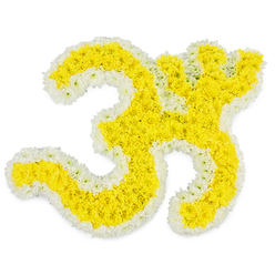 A striking Om-shaped floral arrangement fills the frame, its sacred curves brought to life entirely with fresh yellow and white blossoms laid against a spotless white background. The main strokes of the Om symbol are formed from tiny, densely clustered golden-yellow flowers that create a rich, cushion-like surface, almost like a soft floral tapestry. Every twist and loop is edged with a fine, continuous border of pure white blooms, giving the character a sharp, graceful definition and a sense of serene brightness, as though the symbol is gently illuminated from within. The composition showcases the precise workmanship of an experienced florist: no gaps between petals, no uneven lines, only smooth, flowing contours that echo the natural rhythm of the mantra itself. The light is bright and clean, allowing the yellows to glow warmly and the whites to remain crisp, highlighting the texture of every petal. Imagining it close by, you might sense the faint, fresh-green fragrance of cut stems and the comforting presence such a tribute brings to a room. Intended as a spiritual funeral or memorial piece, this Om floral design feels especially suited to families around Queensbury seeking a respectful, culturally meaningful arrangement for a final farewell. One can picture it resting beside a framed photograph in a home off Cumberland Road, or placed at a crematorium service where relatives and friends gather quietly, the flowers symbolising both devotion and the soul's ongoing journey.