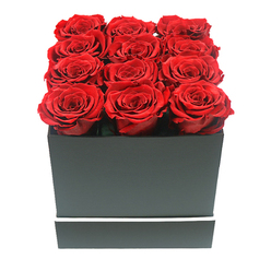 A close, straight-on view reveals a meticulously crafted arrangement of twelve deep red roses, presented in a smart square box that exudes understated luxury, much like a stylish gift arriving at a Queensbury townhouse near Church Lane. The roses are arranged in three precise rows of four, each bloom cupped closely against its neighbour so that the surface looks like a seamless carpet of velvety crimson. Their petals are densely layered and perfectly unfurled, forming classic spiral centres that tell of a premium preserved rose selection, designed to remain this immaculate without the need for water. The colour is a rich ruby red with slight variations of tone from petal edge to petal base, giving the flowers depth and a sense of natural warmth even though they are engineered to last. Cradling the blossoms is a matte black square box with sharp, clean lines and a smooth, unembellished surface, broken only by a single slim white stripe encircling the lower section like an elegant belt. The box stands alone against a stark white background, its dark silhouette setting off the intensity of the roses. Subtle, diffused lighting creates soft shadows along the rim and between the petals, enhancing the three-dimensional quality of the arrangement without any harsh highlights. The overall impression is one of contemporary romance and sophistication, perfect for a grand romantic gesture sent to a home off Kingsbury Road, a milestone birthday celebration in a Queensbury flat, or as a refined decorative accent for a modern living room. This image would suit content about premium, long-lasting roses and high-end flower delivery in and around Queensbury.