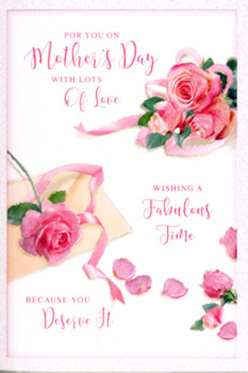 This Mother's Day card is designed like a miniature floral still life, capturing the gentle romance of pink roses arranged by an experienced local florist in Queensbury. At the centre, a grouping of full-headed roses in layered shades of blush, rose, and soft fuchsia spreads across the card, their petals so detailed that you can almost feel their velvety surface and imagine their sweet fragrance drifting through a calm Queensbury living room. Around them, individual petals are artfully scattered, some resting flat, others slightly curled, suggesting the natural fall of blossoms after a bouquet has been admired. A delicate, pastel ribbon loops among the largest blooms, its satin sheen echoing the careful bows tied on hand-delivered arrangements across the HA8 area. The background is a gentle off-white, providing space for the flowers to glow and allowing the hand-written message in sweeping, calligraphic script to stand out clearly. The wording, though not fully legible at a glance, unmistakably conveys appreciation, rest, and celebration, all the emotions that gather around Mother's Day. Soft, even lighting bathes the scene, giving the impression of a peaceful morning by Queensbury tube station, where the day is just beginning and a surprise card and bouquet are waiting on the kitchen table. The card feels both elegant and intimate, as if chosen by someone who wanted to send not just words, but an experience-one that pairs perfectly with a fresh bunch of roses delivered locally, carrying the same tender pink tones and thoughtful care reflected in the design.