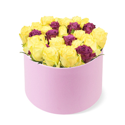 An intimate study in contrast and harmony, this round, pale pink box holds a dense, sculpted dome of blossoms that speaks of celebration and thoughtful design. The bouquet centers on numerous cheerful yellow roses, their petals unfurling just so to emit a sunny, zestful brightness that feels like a whispered hello. They are deftly punctuated by smaller burgundy or deep purple roses, tucked here and there to provide depth, elegance, and a sense of mystery. The petals spiral outward in tidy rosettes, catching the light along the soft curves of each bloom. The box's soft-touch finish, a texture reminiscent of suede, elevates the gift's premium aura and invites a closer, almost tactile appreciation. The arrangement is intentionally plush, packed tight for maximum visual impact and lushness, yet balanced so the box remains elegant and refined. In the frame, the pale pink box sits toward the lower half, anchoring the dome of blooms and giving the composition a grounded, upscale feel. Against a clean white backdrop, the palette reads as a confident statement of luxury, perfect for milestones, romantic gestures, or a bright note of encouragement delivered to Queensbury and surrounding neighborhoods such as Kingsbury and Burnt Oak. It's the kind of design you'd trust for same-day delivery across the area, arriving fresh with warmth and care that reflect the local florist's craftsmanship.