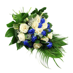 A refined, asymmetrical funeral spray of blue and white roses stretches diagonally across a pure white background, its lines gentle yet assured, like a quiet farewell spoken in a Queensbury chapel. Around two dozen roses are arranged with deliberate care, each bloom fully open and velvety. The deep sapphire blue roses provide rich focal points, their colour intense and almost luminous, while the creamy white roses soften the design, their petals curved and layered like small ivory shells. These two tones alternate throughout the spray, creating a calm rhythm of light and shadow. Nestled lightly between them, clusters of white baby's breath scatter like tiny stars, bringing an ethereal softness to the arrangement.   

The greenery is abundant and sculpted, forming a strong framework reminiscent of the mature hedges and parks around Queensbury Station. At the upper left, bright green fern fronds fan out delicately, giving a sense of upward movement. Below and to the right, long, slender palm fronds cascade downward, accentuating the teardrop shape that is so often chosen for memorial tributes and graveside sprays. Deep green, glossy leaves support the roses, while discreet sprigs of bluish-green eucalyptus-style foliage weave through the composition, adding gentle variation in both texture and colour. Strips of wide, variegated foliage or ribbon are folded and looped across the centre, lending the piece a structured, contemporary touch that shows the hand of an experienced florist.   

The arrangement feels composed and contemplative, ideal for same-day delivery to local services in and around Queensbury. The cool blue and soft white palette suggests peace, loyalty, and eternal remembrance, making it a meaningful choice for honouring a loved one at a funeral or celebration of life ceremony.