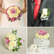 Four coordinated images capture an elegant wedding flower story, much like one you might see at a Queensbury ceremony near the green spaces around the high street. The top-left panel focuses on the bride's bouquet, held close against a white gown with delicate lacework along the bodice. The bouquet itself is tightly rounded and richly packed with cream and pale yellow roses, accented by deeper pink and mauve blooms that create gentle, romantic contrast. Clouds of white baby's breath and glimpses of glossy green foliage soften the edges, giving the arrangement a lush, luxurious feel. In the top-right panel, the camera moves to the groom, highlighting his boutonniere pinned precisely on a dark grey suit lapel. He wears a fresh white shirt and a bold red silk tie, while a single pristine white rosebud, framed by sprigs of greenery and tiny white filler flowers, is tied neatly with a slim white satin bow, adding refined detail. The bottom-left panel offers a more intimate moment: a small bridesmaid's posy resting on textured beige linen. It mirrors the bridal bouquet's colours, balancing cream and pale yellow roses with brighter pink roses and generous sprays of baby's breath, all bound in a charming pink-and-white striped ribbon for a softer, relaxed mood. In the bottom-right panel, a compact rose arrangement, again echoing the same palette, is posed as a table centerpiece on a white, twig-woven spherical vase. Two additional wicker orbs sit nearby on a white surface against a muted beige backdrop, suggesting stylish reception décor lovingly arranged by a local florist who understands Queensbury's taste for understated romance.