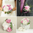 This image captures an intimate Queensbury wedding collection, designed with a florist's care to thread emotion through every blossom. The bride's bouquet is the heart of the scene, an abundant armful of cream peonies and blush-pink roses, their petals layered in soft, ruffled folds that look almost cloud-like. Each bloom is surrounded by tufts of white gypsophila, creating a halo of tiny stars around the larger flowers, while smooth, sculptural green leaves curve gracefully at the edges, giving the bouquet structure and a fresh, garden-picked feel. Resting nearby, the groom's boutonnière mirrors the bouquet on a smaller scale: a single lilac rose, polished and perfectly formed, tucked beside sprigs of delicate greenery and miniature puffs of baby's breath, secured with a slim lavender ribbon whose gentle sheen suggests quiet elegance. The overall colour palette moves from creamy ivory and blush to hints of magenta and soft lavender, all set against deep, calming greens, evoking the tender light of an early summer afternoon in Queensbury-perhaps after photos in a local park or tree-lined street. You can almost sense the soft weight of the bouquet in the bride's hands, the cool satin of the ribbon, and the faint, sweet fragrance that lingers in the air. Crafted with local expertise, the collection feels both timeless and personal, ideal for couples marrying in a nearby church, registry office, or neighbourhood venue where subtle romance, thoughtful detail, and a harmonious blend of textures come together to celebrate their story.