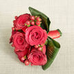 From a high, overhead angle, a richly coloured bouquet of deep red roses and berries is captured resting on a pale beige, slightly nubby fabric that could be linen or burlap, reminiscent of a calm dining room setting in Queensbury before guests arrive. At the centre, several full-bloom roses in a saturated, velvety crimson shade form a tight cluster, their petals curling in soft spirals that draw the eye inward and speak of classic romance. Between them, small, rounded Hypericum berries in a brighter red with hints of coral are tucked thoughtfully, their glossy surfaces catching the gentle light and bringing a festive, jewel-like sparkle to the design. Surrounding the flowers, broad, dark green tropical leaves are artfully wrapped and curled, creating a smooth, structured frame that supports the bouquet while adding a bold contrast in both colour and texture. Around the stems, a coordinating satin ribbon in rich red is neatly bound, just visible where the leaves open, offering a polished finish that feels perfect for bridal portraits or anniversary photos in and around Queensbury. The lighting is soft and even, revealing every nuance of the roses' layered petals and the subtle variations of green in the leaves. Nothing distracts from the flowers: the neutral background allows the reds and greens to glow, creating a sense of intimacy and warmth. This arrangement feels suited to romantic gestures, from a surprise delivery to a flat near Queensbury station to a chic wedding bouquet carried down the aisle, celebrating love with understated luxury and local charm.