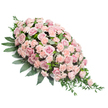 An elegant pink casket spray is shown resting on a crisp white background, its elongated teardrop silhouette stretching from a rounded, full head of blooms on the left down to a tapering point on the right. The composition is dominated by soft pink roses, some generously open to reveal layered, velvety petals, others slightly tighter and bud-like, creating gentle variation in size and shape. Interspersed among them are clusters of light peach-pink carnations, their finely ruffled petals adding a delicate, almost cloud-soft texture between the smoother rose heads. Together, the roses and carnations form a dense, cushiony surface of pastel colour that feels comforting and serene. Beneath and around the flowers, deep green foliage fans out, with broad, sturdy leaves forming a secure base and more slender, pointed stems of greenery drifting outward in soft lines. This trailing foliage gives the spray a natural, flowing contour, like a quiet stream of leaves carrying the blossoms forward. The lighting is even and calm, enhancing the gentle contrast between the pale blooms and the rich greens while keeping every petal and leaf clearly defined. The overall mood is one of quiet respect and heartfelt condolence, suitable for a funeral or memorial service in the Queensbury area, whether placed on a coffin, at the front of a chapel, or by a graveside. Prepared with the sensitivity of an experienced local florist, the spray offers a soothing visual tribute, echoing the stillness and reflection found in Queensbury's peaceful residential streets and nearby green spaces.