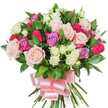 A lush, hand-tied bouquet of mixed roses sits against a crisp white backdrop, its rounded silhouette dense with blooms and glossy foliage. Large roses open generously in soft pastel pink and creamy white, their layered petals forming velvet cups that catch light and suggest a gentle, familiar rose scent. Scattered among them are brighter magenta-pink roses that punctuate the composition with energetic colour, and a few light lavender roses that lend a cool, calming note to the palette. Nestled in the hollows between the larger heads are clusters of tiny spray roses-mostly creamy-white with faint lemon-tinged centres-adding delicate texture and a playful rhythm to the arrangement. Dark green, glossy leaves-likely ruscus or salal-are woven throughout, their spear-shaped, almost waxy surfaces providing a rich contrast to the soft petals and visually cradling each bloom. The long, sturdy stems are gathered tightly at the base and wrapped with a wide, baby-pink satin ribbon tied into a generous bow; the ribbon's smooth sheen catches the light and mirrors the bouquet's romantic, celebratory mood. In soft morning light the composition reads as both joyful and elegant, a thoughtful gift suited to birthdays, anniversaries, Mother's Day, or to express love and appreciation. As a florist familiar with Queensbury, I picture this bouquet brightening a mantel in a home near Queensbury tube or being passed across a table on a sunny afternoon in the neighbourhood-simple, fresh, and quietly refined. The overall impression is one of abundance, careful craftsmanship, and a tender, floral embrace.