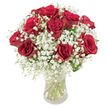 Encountering this magnificent bouquet, you're instantly swept into a world of romance-a vision lovingly arranged by a Queensbury florist for those with a deep appreciation for classic elegance. At its heart, around twelve crimson red roses bloom with velvet softness, each petal a swirl of passion and devotion. The roses are delicately surrounded by airy white baby's breath, whose myriad tiny flowers offer gentle contrast and a feeling of innocence, their cloud-like appearance making the arrangement feel almost weightless. The blooms are expertly gathered in a rounded form, brimming with life and energy, then placed in a clear glass vase that reveals the fresh green stems intertwined below, hinting at the bouquet's freshness and the steady hand that composed it. A crisp white background lets every detail pop: the intense reds, the snowy sprays, and the cool greens. The bouquet's fragrance is subtle yet lingering, a blend of classic rose layered with the soft sweetness of Gypsophila-a scent that could fill a home near Queensbury Circle with memories and meaning. Ideal for commemorating milestones, celebrating Valentine's Day with a delivery along Kenmore Avenue, or simply bringing a touch of beauty to everyday life in Queensbury, this luxurious floral gift is both a symbol and a story-one of love, thoughtfulness, and timeless style.