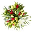 Seen from directly above against a clean white studio background, this carefully mounded sympathy bouquet reads as a study in contrast and comfort: a dense cluster of deep crimson roses-around a dozen-lies interwoven with abundant white and cream lilies, many still long, pale yellow-green buds that taper to a hopeful point, and one large, pristine lily fully open near the bottom right that reveals soft trumpet-shaped petals and pale yellow stamens. The flowers are cushioned by a generous, garden-fresh armature of foliage: broad, glossy green leaves that give weight and structure, feathery palm-like fronds that fan and soften the silhouette, and small clusters of muted silver-green eucalyptus leaves that add a cool, contemporary texture. In the overhead view the composition reads as both disciplined and tender, the velvety red rose heads providing emotional punctuation among the serene white lilies. The lighting is bright but gentle, as if photographed in morning light in a Queensbury workshop near the station, accentuating petal texture and the subtle veins on the leaves. There is a quiet scent suggested by the image: the clean, green note of lilies mingling with the faint, powdery sweetness of roses and the crispness of eucalyptus. As a local floral designer I imagine this arrangement arriving at a service in Brent or delivered to a family home in nearby Wembley, offered as a gesture of respect and consolation. Crafted with professional balance and horticultural care, this bouquet conveys sympathy, remembrance, and a calm dignity appropriate for memorials or messages of heartfelt condolence throughout Queensbury and surrounding neighbourhoods.