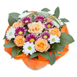 A vibrant and artfully arranged floral bouquet, reflecting the lively spirit of Queensbury, is beautifully composed against a pristine white backdrop, giving every bloom the spotlight. The core of the bouquet features plush peach-orange roses whose petals unfold softly, exuding both warmth and sophistication. Interwoven are dazzling magenta-purple chrysanthemums, their profusion of fine petals radiating from bright green centers and lending a delightful burst of colour, reminiscent of the energy found at Queensbury's local festivals. Gentle white daisies with cheerful yellow-green eyes punctuate the arrangement, their simplicity evoking classic charm and optimism. The entire composition is lushly framed by dense, glossy green foliage, perhaps ruscus or broad-leaved greens, contributing texture and a sense of fullness like the borough's tree-lined lanes. Wispy, curved strands of bear grass sweep elegantly above, highlighting the bouquet's airy, modern touch. The stems are neatly bound and wrapped in crinkled, vivid orange paper, whose lively hue not only secures the flowers but also brings a sunny cohesion to the presentation. This cheerful arrangement radiates positivity and is equally suited for a joyful birthday surprise, a heartfelt thank-you, or a seasonal celebration, embodying the meticulous touch and local pride of Queensbury's finest florists.
