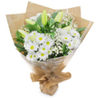A hand-tied bouquet stands upright against a clean white background, its quiet beauty captured in soft, natural light as if set on a Queensbury shop counter on a mild morning. At the heart of the arrangement is a generous cluster of bright white, daisy-like chrysanthemums, each small bloom fanning dozens of crisp petals around a sunny yellow eye; they form a cheerful, comforting centre that reads as both classic and contemporary. Woven through the chrysanthemums are several elongated lily buds in a pale green-yellow, some with a faint stripe along their outer petals and a few beginning to unfurl, suggesting the gentle promise of blooms to come. Sprays of tiny, cloud-like gypsophila (baby's breath) thread between the larger flowers, lending an airy, lace-like texture that softens the composition and carries a hint of nostalgia. Deep, glossy green foliage frames the flowers and provides a verdant backdrop that heightens the brightness of the whites. The bouquet is gathered with a practiced hand and wrapped in two tactile layers: an inner sheet of crinkled brown kraft paper that gives an earthy, market-fresh feel, and a clear, glossy cellophane outer layer that protects the stems while catching the light with a subtle sheen. The base is neatly secured with twine into a compact, portable stand, easy to pass along for birthdays, new beginnings, or moments of sympathy. The overall impression is one of purity and gentle optimism - a fresh, fragrance-light bouquet that reads as thoughtful, calm, and perfectly suited to sending quiet warmth across Queensbury, neighbouring Kingsbury and Wembley.