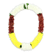 This image shows a traditional open oval garland, the kind often used for funerals, temple offerings, or respectful welcomes, suspended against a stark white background so every detail stands out. The upper arc is composed of densely strung white blossoms, each petal forming a tightly packed, cloud-like band that conveys innocence and spiritual purity, reminiscent of the simple, heartfelt tributes you might see at a quiet memorial in Queensbury. As your eye travels down the left and right sides, the white gradually yields to sections of deep maroon and reddish-brown petals, intricately layered so they create a thick, almost velvety texture. These darker tones bring a sense of formality and solemnity, echoing the weight of remembrance shared by families gathering in local chapels and community halls. At the lower curve of the garland, a broad band of lively yellow flowers brightens the composition, their warm hue suggesting hope, gratitude, and the gentle reassurance of shared memories. Slim threads of green foliage weave between the main colour blocks-most noticeably where the white meets the maroon and where the yellow begins-adding a natural rhythm and preventing the colours from merging visually. The craftsmanship is evident in the precise, uniform thickness along every part of the U-shape, hinting that a skilled florist has taken time to thread each bloom so the garland drapes perfectly when worn or displayed. Though photographed on a plain white field, the piece carries the feeling of a real ceremony, ready to be delivered across Queensbury as a dignified floral tribute that honours both tradition and personal loss.