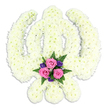 A dignified Sikh Khanda floral tribute stands out clearly against a pure white background, its symbolic form rendered entirely in soft white chrysanthemums. The central double-edged sword, the perfect circular chakkar, and the outward sweeping kirpans are all defined by hundreds of tightly packed blossoms, giving the arrangement a plush, velvety texture that looks both delicate and unwavering. Each flower head remains distinct, yet together they create a continuous field of gentle ivory, symbolising peace and spiritual purity. At the very base, where the lower ends of the kirpans meet, a carefully composed accent posy adds a gentle wash of colour. Three pink roses bloom in the centre, their petals layered like folded silk, surrounded by rich purple flowers that deepen the colour palette without overpowering it. Sprays of glossy green fern and foliage extend slightly beyond the main cluster, framing the roses and offering a fresh, garden-like feel. The lighting is soft and even, casting only a light shadow beneath the tribute so that the Khanda seems to hover with quiet presence. This floral piece would sit beautifully beside a casket or at the front of a memorial service for a Sikh family in Queensbury, perhaps on a day when loved ones gather from along Turner Road, Cumberland Road, or near the local gurdwara to share stories and prayers. Arranged with the thoughtful touch of a florist who understands the customs and emotions involved, the tribute speaks of devotion, courage, and a heartfelt farewell carried on the language of flowers.