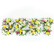 A large, letter-shaped floral tribute spells out the capitalised word GETT in bold, three-dimensional form against a clean, bright white backdrop. Each of the four letters is densely packed with fresh blooms and foliage so that individual petals and textures read clearly from the front: bright yellow roses and gerbera lend a sunny warmth, pristine white chrysanthemum-like blooms provide volume and a sense of calm, and deeper purple lisianthus or similar small purples add a dignified, quiet counterpoint. Vivid magenta-pink spray roses or carnations appear as lively punctuation through the letters, while small clusters of pale green and white filler flowers add delicate texture and soft transitions between colours. Dark green fern fronds frame each letter, their feathery edges softening the hard lines and giving the composition a natural, wreath-like border. A subtle dark-green metal or wire framework peeks through in a few narrow gaps, particularly along horizontal bars, suggesting the careful engineering beneath this substantial display. Shot head-on in even, soft daylight, the image emphasises the freshness of the petals, the matte sheen of fern leaves and the gentle layering of blooms that together create a comforting presence. As an experienced local florist I picture this arrangement placed at a chapel or community tribute table near Queensbury tube or the High Street, where its cheery yellows and calming whites offer both celebration and solace. The overall mood balances affection and respect, a handcrafted message of memory or recognition articulated in colour, scent and careful floristry technique.