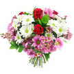 A rounded, hand-tied bouquet of mixed flowers is presented against a simple white background, its colours and textures captured with the clarity you might notice when receiving a fresh delivery at your Queensbury doorstep. At its core are two prominent deep red roses, their petals tightly spiralled and velvety, giving them a luxurious look that naturally suggests love, admiration, and meaningful sentiment. Surrounding these roses is a generous ring of white daisy-like chrysanthemums, each bloom neatly layered and bright, with an eye-catching lime-green centre that adds a zing of freshness reminiscent of the greenery around Queensbury Park and neighbouring streets. Threaded between them are numerous pink daisy-style flowers, in shades from gentle blush to more confident medium pink, each also carrying that distinctive lime-green heart; together they create a soft, romantic blend that warms the entire arrangement. Nestled between the larger flowers are fine clusters of pale pink filler blooms, similar to waxflowers, whose tiny, starry petals and delicate stems introduce an airy, lace-like detail that gives the bouquet texture and depth. Lush green foliage, including broad glossy leaves and lighter sprigs, wraps around the composition, framing the brighter colours and enhancing the impression of freshness and expert care. The stems are neatly gathered and trimmed at the base into a classic hand-tied finish, ready to be placed into a favourite vase in a Queensbury home or office. With its harmonious mix of red, white, pink, and vibrant green, the bouquet feels both joyful and soothing, perfect for celebrating special occasions, offering thanks, or simply brightening someone's day in and around Queensbury.