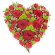 A striking, heart-shaped funeral tribute appears against a simple white background, its colours and textures carefully balanced to create a powerful symbol of love and remembrance. The heart is entirely covered in deep red flowers, led by several prominent roses whose velvety petals roll outwards in tight, romantic spirals. Between these roses, clusters of ruffled red carnations and mini carnations create a lush, cushion-like surface, each petal delicately edged and slightly curled, adding movement and depth to the design. Bright lime-green button chrysanthemums are dotted throughout the red, their compact, spherical flower heads standing out like small jewels, giving the arrangement a fresh, modern contrast that lifts the overall look. Around the outer contour, variegated pittosporum leaves in green and cream form a soft border, gently defining the heart's curves and enhancing its shape without overwhelming the flowers. At the narrow tip of the heart, a small fern frond peeks out, its deep green leaflets lending a hint of natural elegance and a whisper of woodland calm. The arrangement feels dense, intentional, and lovingly composed, as if crafted with care by a local florist familiar with the quiet needs of Queensbury families at times of loss. This floral heart would sit beautifully beside a coffin, on a stand in a chapel, or at a graveside, where its red and green tones could silently convey deep affection, respect, and a final, heartfelt farewell.