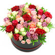 A dramatic hat box of roses stands out vividly against a pristine white background, the entire design focused on pure, romantic impact. The container is a round, hatbox-style gift box in a dark, charcoal-black tone with a smooth, likely matte finish. Around its base runs a slim red band, a refined detail that subtly echoes the passionate hues of the flowers above. From this elegant base, a tightly packed, dome-shaped bouquet rises, overflowing so exuberantly that the blooms extend well beyond the edge of the box, forming a cushion of colour. Large, velvety red roses are the clear focal point, rich and saturated, their petals forming deep spirals that draw the viewer in. They are intertwined with softer shades: delicate light pink roses, some of them spray roses with multiple smaller buds on a single stem; warm peach and coral blossoms that lend a gentle glow; and creamy white blooms that brighten the arrangement and keep it from feeling too heavy. Interspersed throughout, subtle touches of lavender and light purple flowers - whether petite roses or dainty filler varieties - bring a cool, romantic contrast, adding nuance and depth to the palette. Tucked between the blossoms, sprigs of fresh green foliage such as ruscus or eucalyptus create fine, elongated lines that break up the mass of petals and give the bouquet a natural, garden-inspired feel. The lighting is soft and even, as if the arrangement had been placed on a white table in a Queensbury home near the park, just as daylight streams in. The hat box gives the bouquet a polished, contemporary look, ideal for same-day delivery in Queensbury when someone wants to mark an anniversary, surprise a partner on Valentine's Day, or send a beautiful thank-you that feels both modern and deeply romantic.