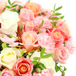 This photograph offers an intimate, close-up view of a pastel bouquet that seems to glow softly against a flawless white background, drawing full attention to the flowers' natural beauty. At the centre, generous roses in creamy white, pale ivory, and gentle blush tones are captured at their peak, each bloom open wide and layered with velvety petals that curl inwards to form delicate spirals. The colours shift subtly from cool cream to warm peach and light coral, echoing the gentle, welcoming atmosphere of Queensbury's tree-lined streets on a calm spring morning. Between the roses, clusters of ruffled pink carnations add fullness and a slightly whimsical texture, their frilly edges creating tiny shadows and highlights that make the bouquet feel three-dimensional and touchable. Slender, deep green leaves weave gracefully among the blossoms, their pointed tips and smooth surfaces providing just enough contrast to keep the arrangement fresh and lively. A few buds remain tightly closed, suggesting new blooms ready to unfold, adding an element of quiet anticipation. No vase or hands are shown; instead, the composition is tightly framed so that all you see is an abundance of petals, colour, and foliage. The mood is gentle, romantic, and comforting, perfectly suited to express affection, celebrate a birthday, or offer sympathy to someone in Queensbury or nearby neighbourhoods. It is easy to imagine this bouquet arriving with same-day delivery, placed on a hallway table or windowsill, where its soft tones and lush textures would bring warmth and solace to everyday life.