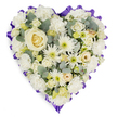 A lush, heart-shaped floral cushion fills the frame, set against a clean white background that emphasises every petal and curve. The heart is completely covered in a dense layer of blooms, giving it a soft, padded appearance, as if it could cradle a message of farewell. At the centre, a single creamy white rose, perfectly formed, acts as the emotional anchor of the piece, its layered petals opening in a gentle spiral. Around it cluster generous white carnations, their frilled edges creating ripples of texture, and white chrysanthemums with graceful, slender petals reaching out from pale green centres. Interspersed throughout are ivory and cream roses and rosebuds, some tinged with the faintest hint of soft yellow, adding tenderness and variety. Small filler flowers in white and pale lime, along with buds yet to open, thread through the arrangement like quiet accents of hope. Silvery-blue eucalyptus leaves are tucked among the blooms, their rounded shapes and muted tone giving the composition dimension and a sense of calm, reminiscent of a peaceful walk through the residential streets of Queensbury on a still day. The entire heart is outlined with a rich purple ribbon, pleated into delicate ruffles that form a clear, dignified border and deepen the tribute's sense of ceremony. The lighting is even and bright, highlighting the freshness of the flowers and the care taken in their placement, as you might expect from a tribute delivered to a local service or crematorium in the Queensbury area. This floral heart feels like a quiet, loving gesture, intended to honour a life and offer comfort to grieving family and friends.
