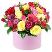 An opulent, multi-tonal bouquet of fresh roses sits in a round, soft pastel pink hat box, set against a clean white backdrop. Dozens of roses-some large and fully opened, others in spray or bud form-create a dense, domed crown of colour: crimson red, sunny yellow, bright fuchsia, pale pink, magenta, lavender, and creamy white. Dark green leaves weave between the petals, adding depth and a natural frame that draws the eye along the curved silhouette. The hat box itself carries a smooth matte finish that anchors the display with contemporary elegance, letting the roses glow. The overall mood is luxurious, celebratory, and romantic, perfectly suited to birthdays, anniversaries, Mother's Day, or Valentine's gestures. Flower Delivery Queensbury offers reliable same-day delivery across Queensbury and surrounding neighbourhoods, ensuring this dazzling bouquet arrives fresh and ready to delight. Crafted by local florists with an eye for detail and a heart for the community, this piece embodies the care, freshness, and artistry we bring to every order.